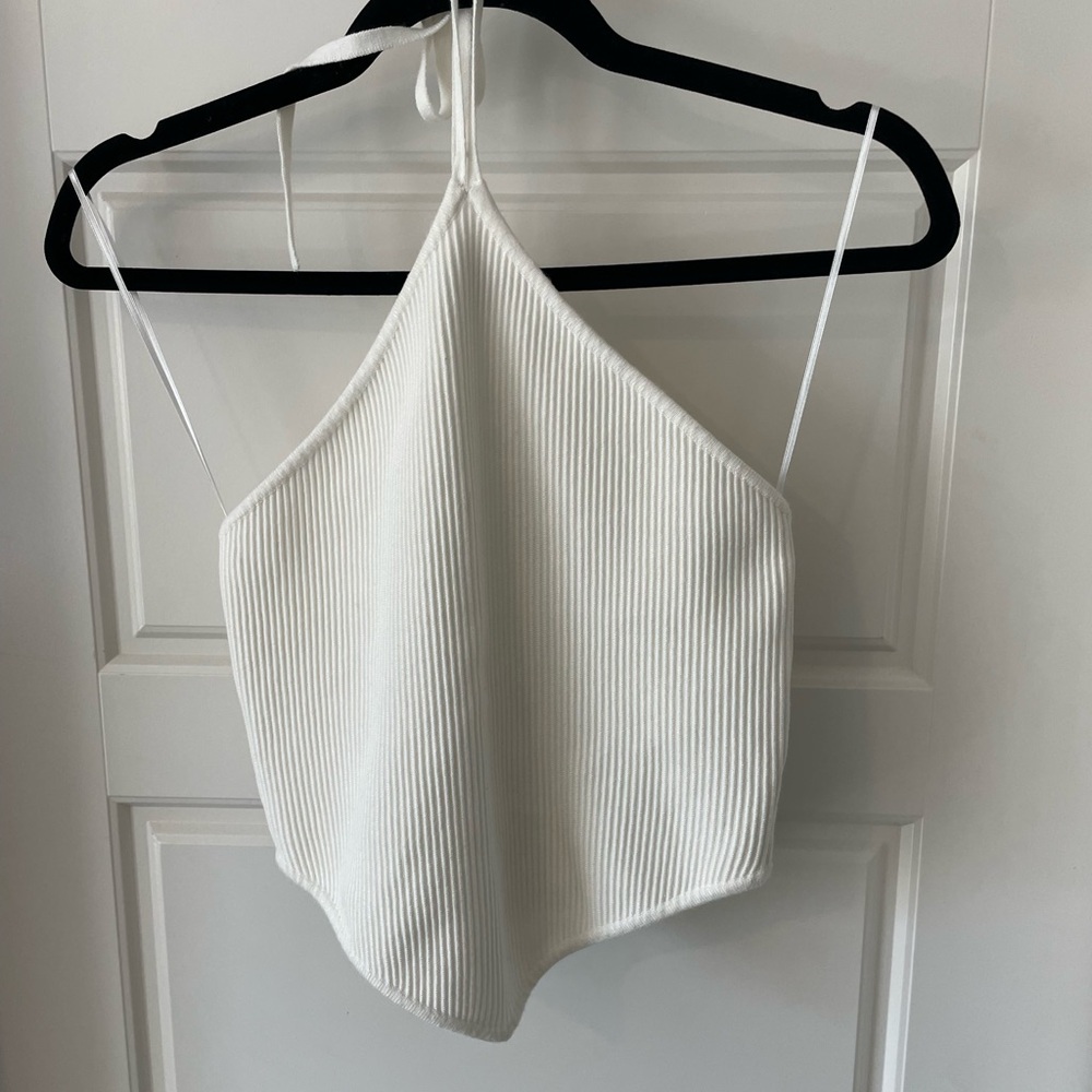 ✅House of Harlow 1960 Luxe Essentials White Ribbed Knit halter Crop Top